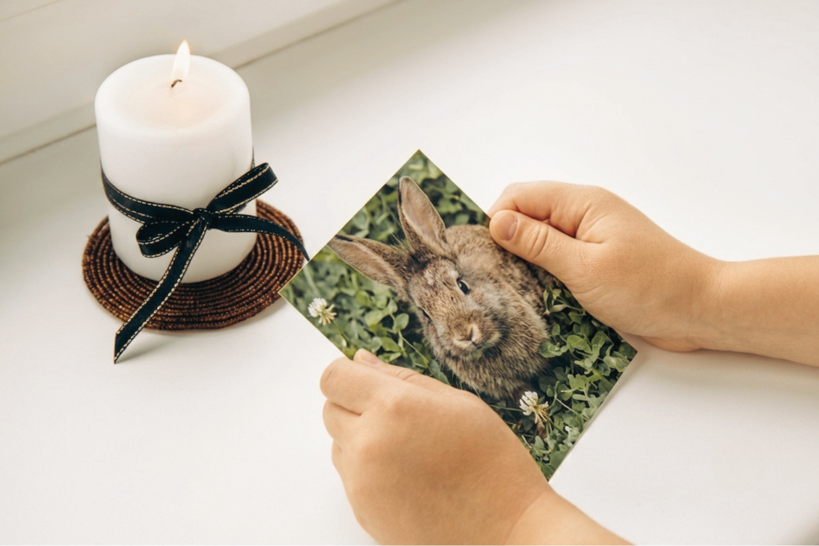 Person holding a printed photo of a pet rabbit next to a lit memorial candle on a soft beige background.