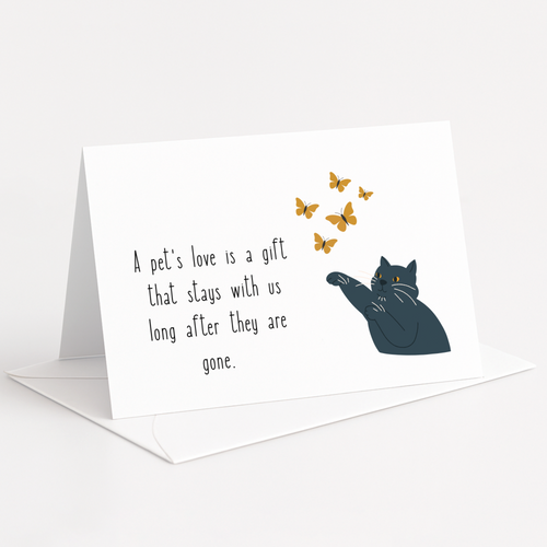 Greeting card with a cat illustration and butterflies on a white background