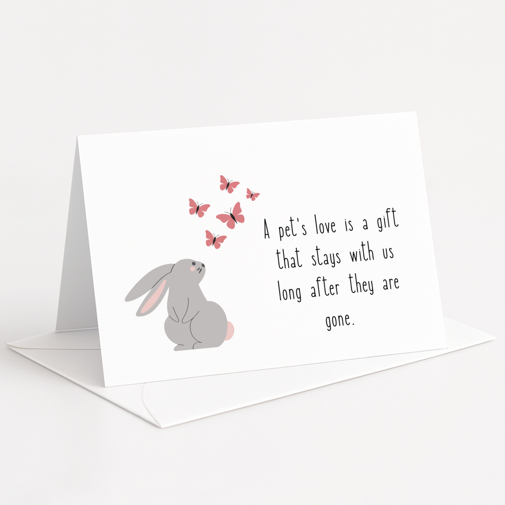 Greeting card with a rabbit illustration and butterfly graphics on a white background