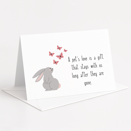 Greeting card with a rabbit illustration and butterfly graphics on a white background
