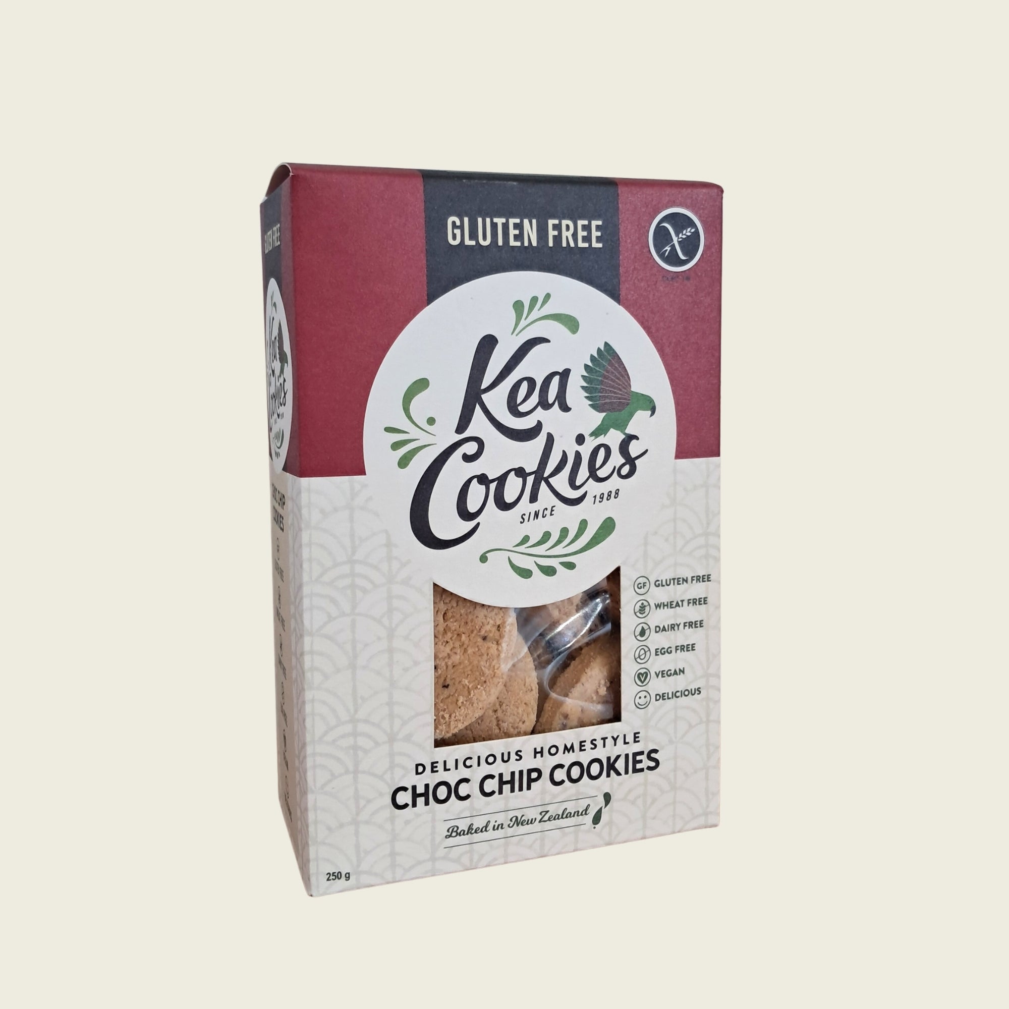 A box of Kea Cookies Gluten Free Choc Chip, hand-made in NZ.