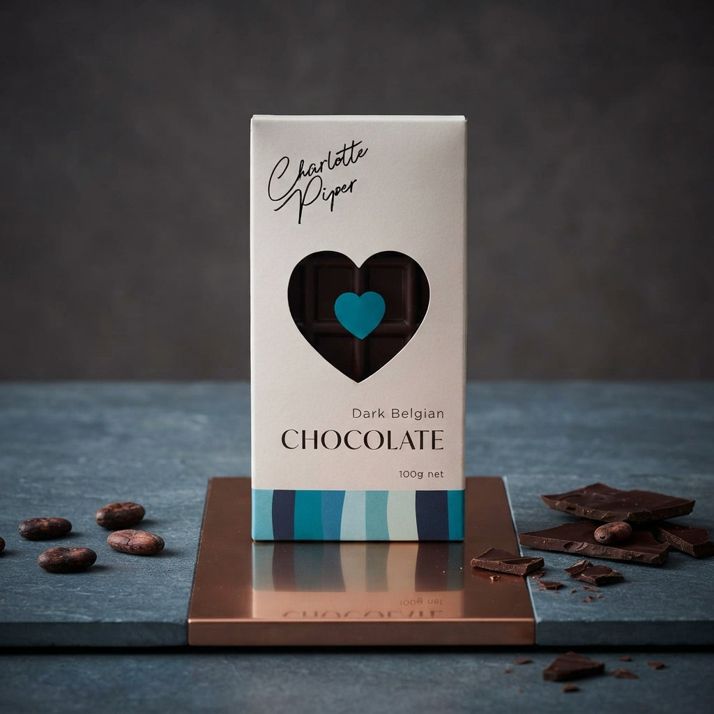 Chocolate bar packaging with a heart shape and 'Charlotte Piper' branding 