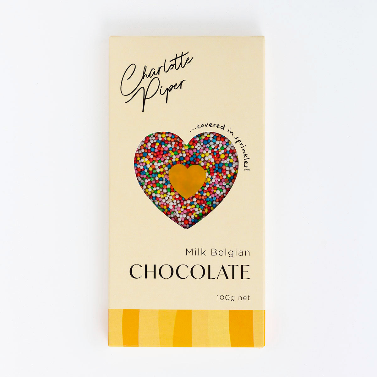 Chocolate bar packaging with a heart-shaped chocolate piece and 'Charlotte Piper' branding on a white background.