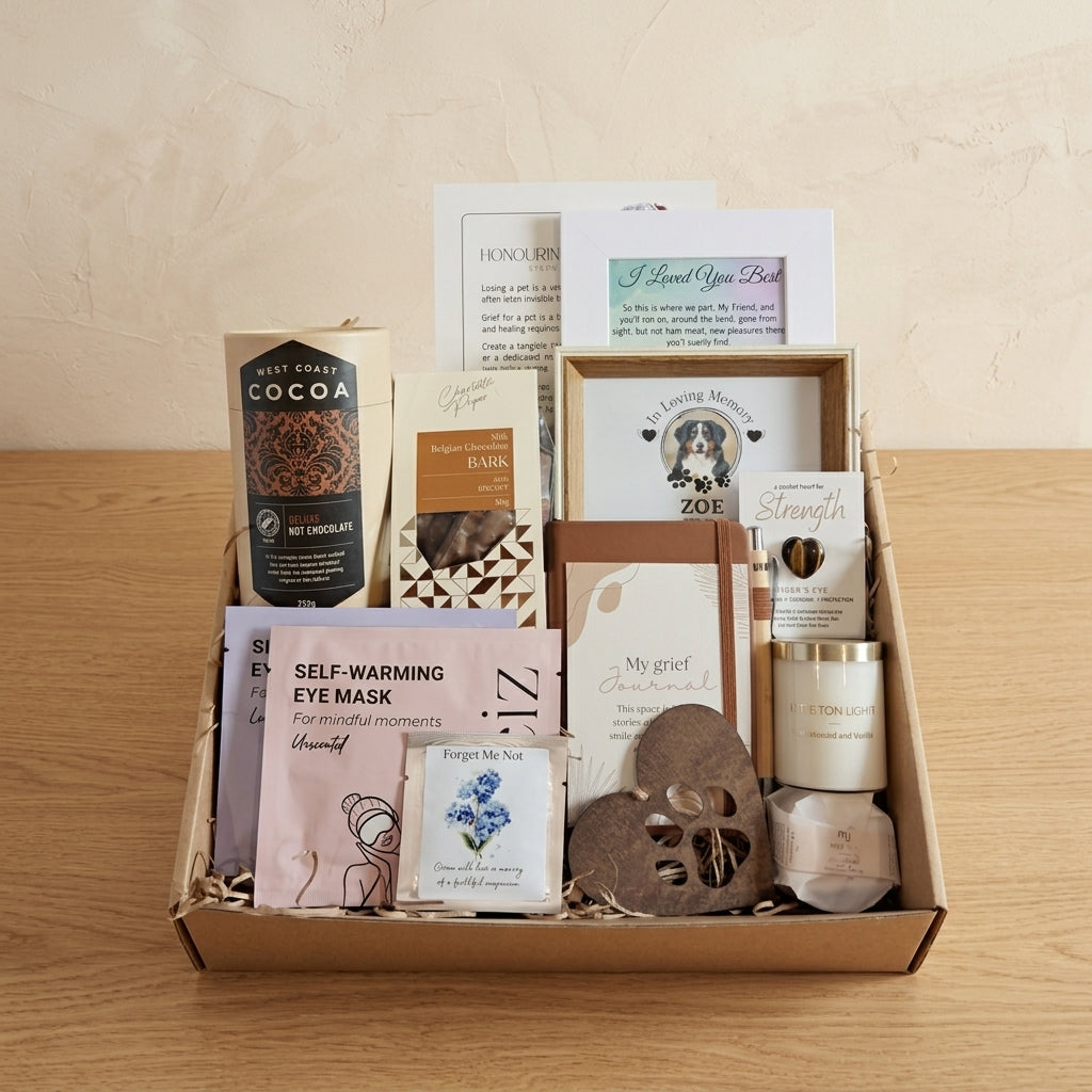 Premium pet loss sympathy gift box from Rainbow Bridge Comfort. The curated gift set includes a personalised dog remembrance photo frame, a grief journal, a scented candle, self-warming eye masks, artisan hot chocolate, and comforting keepsakes, beautifully presented in a gift box.