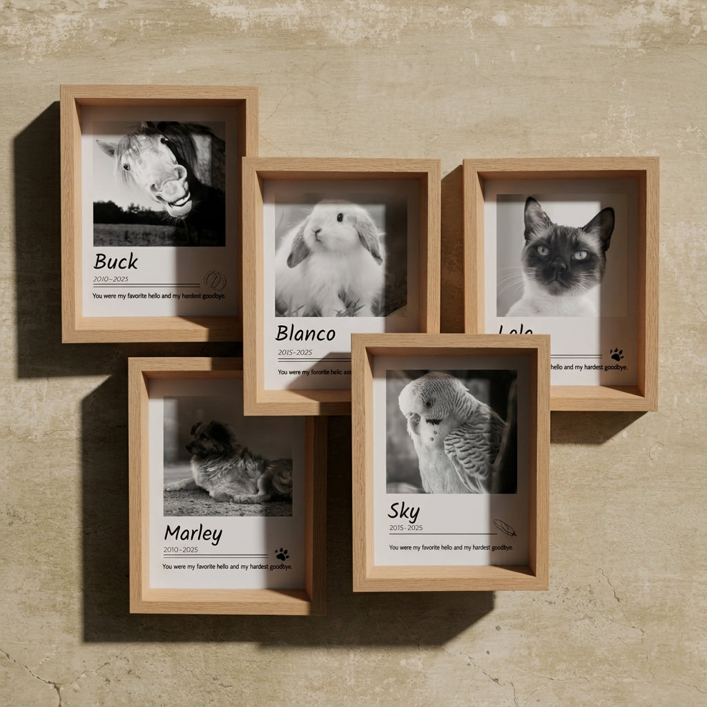 Custom monochrome pet portrait in a wooden frame, personalised memorial keepsake from Rainbow Bridge Comfort.
