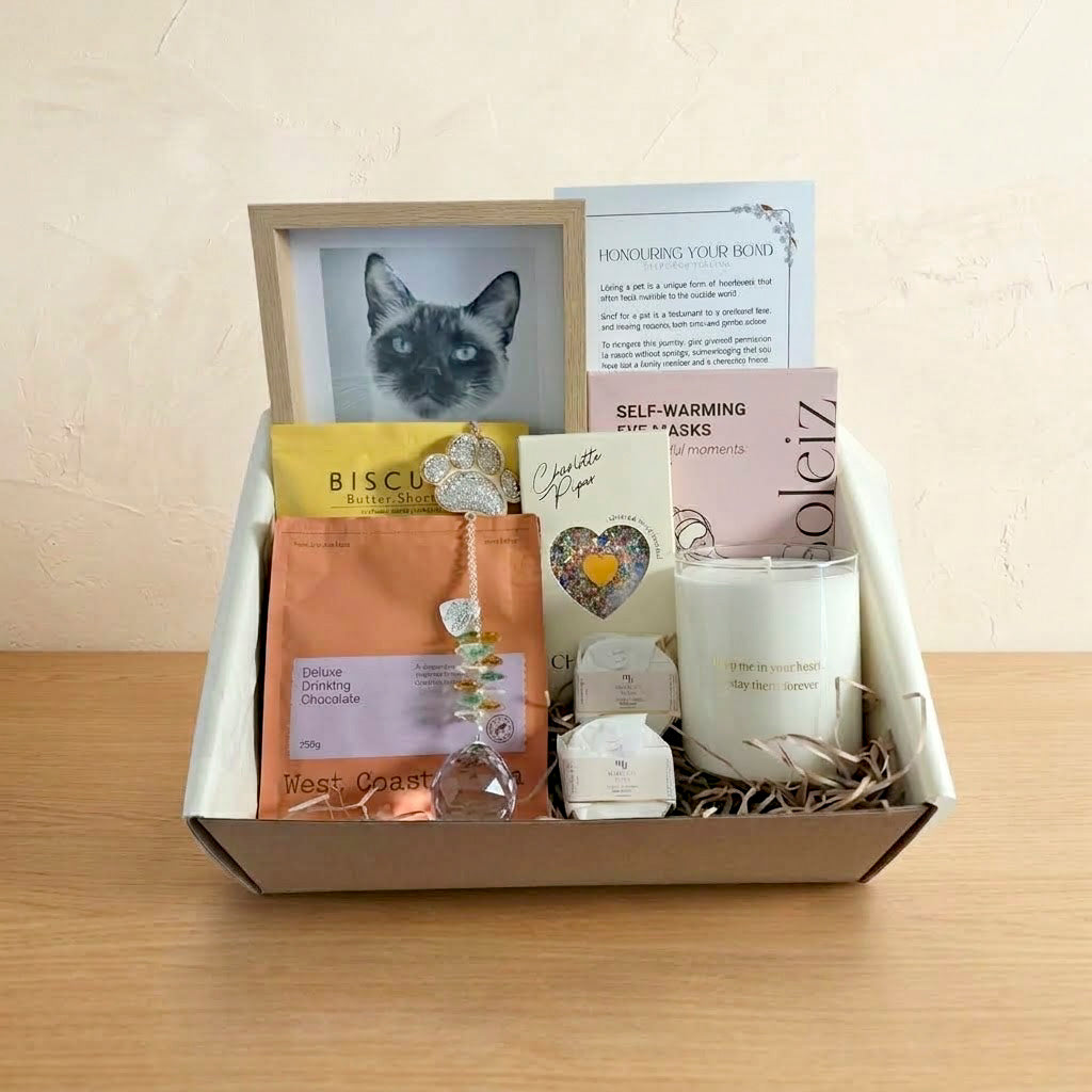 Premium Rainbow Bridge Comfort pet sympathy gift box,  memorial gift for pet owners.