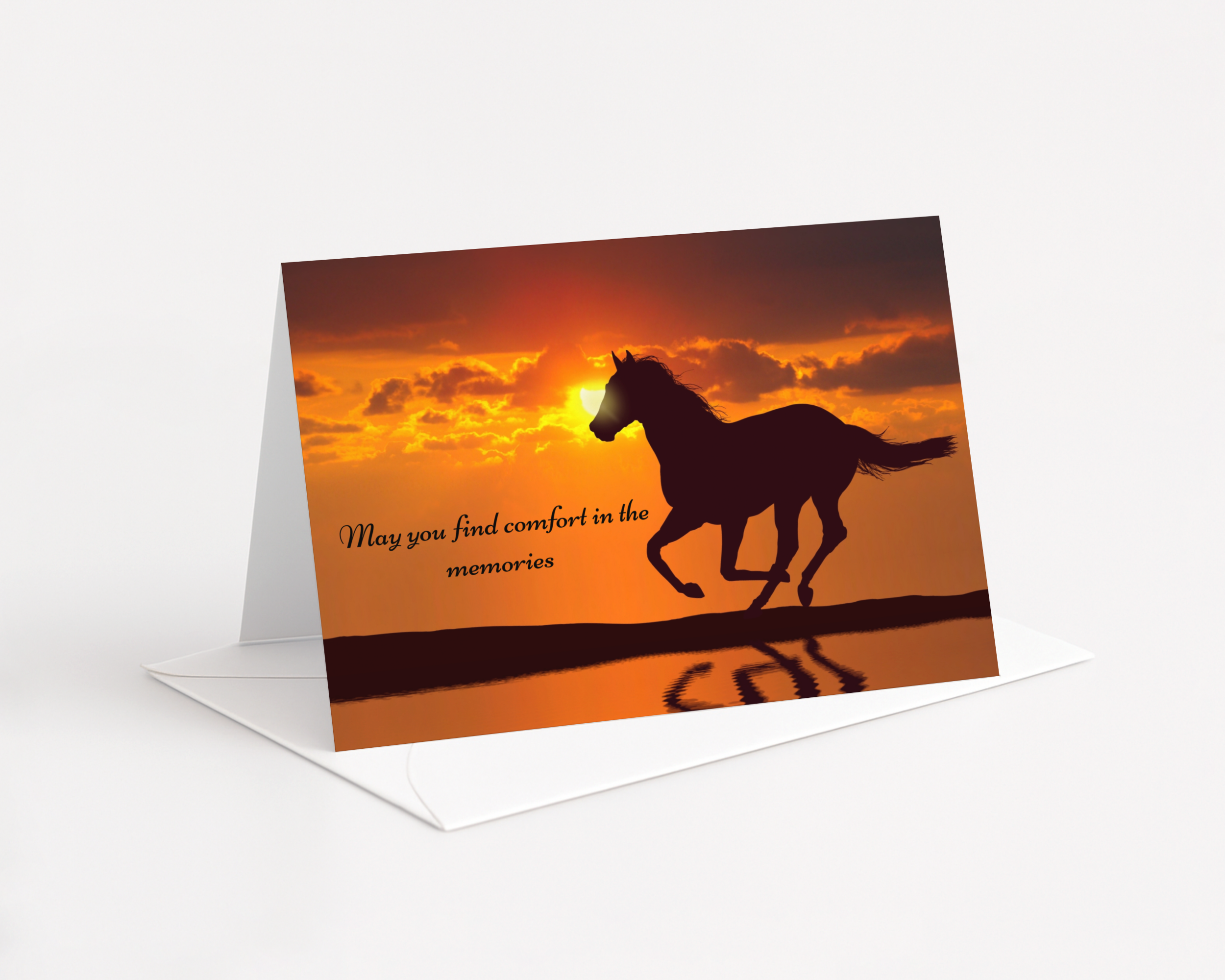 Horse sympathy card at sunset from Rainbow Bridge Comfort NZ - pet loss bereavement greeting card