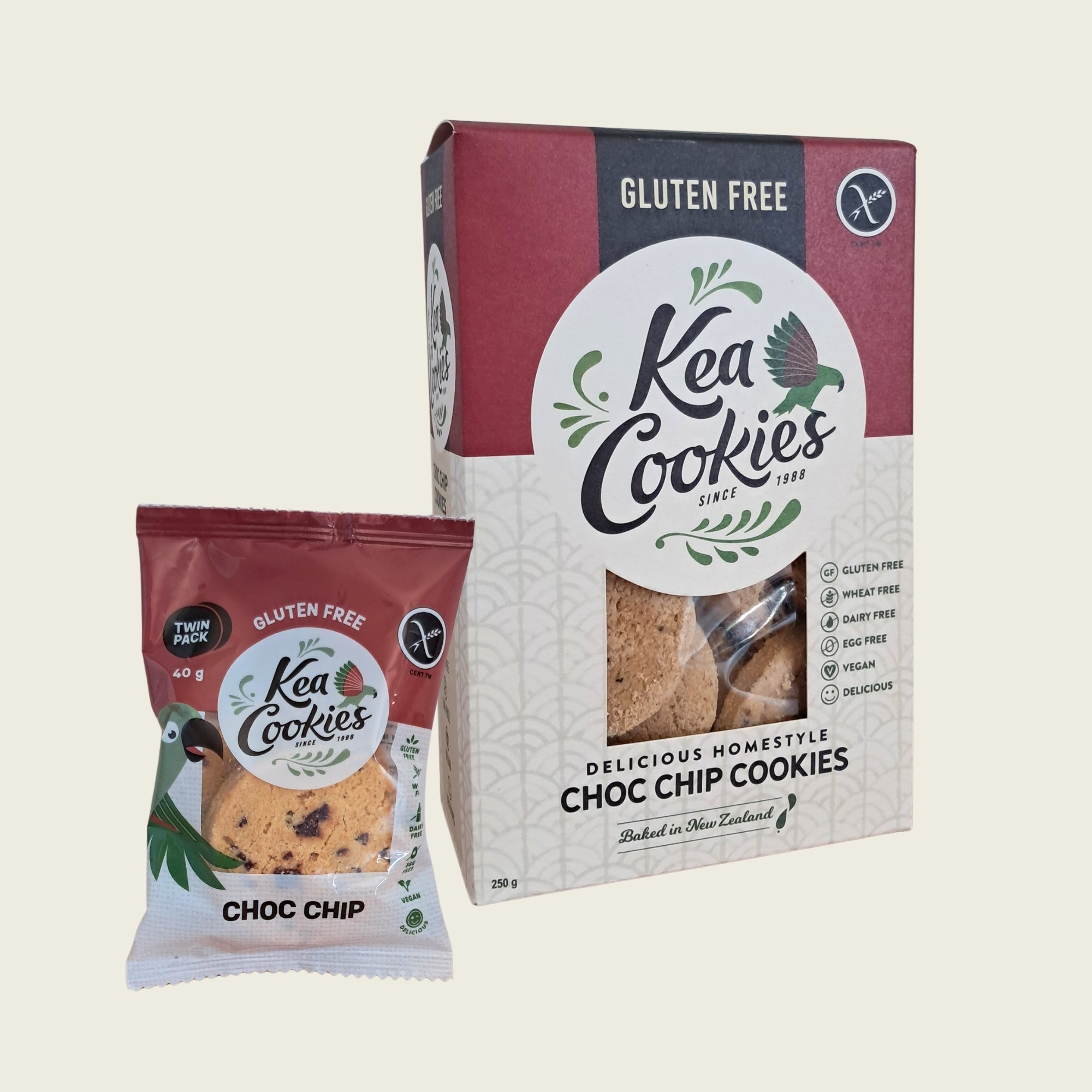 A box and twin packet of Kea Cookies Gluten Free Vegan Choc Chip Cookies on a light beige background.