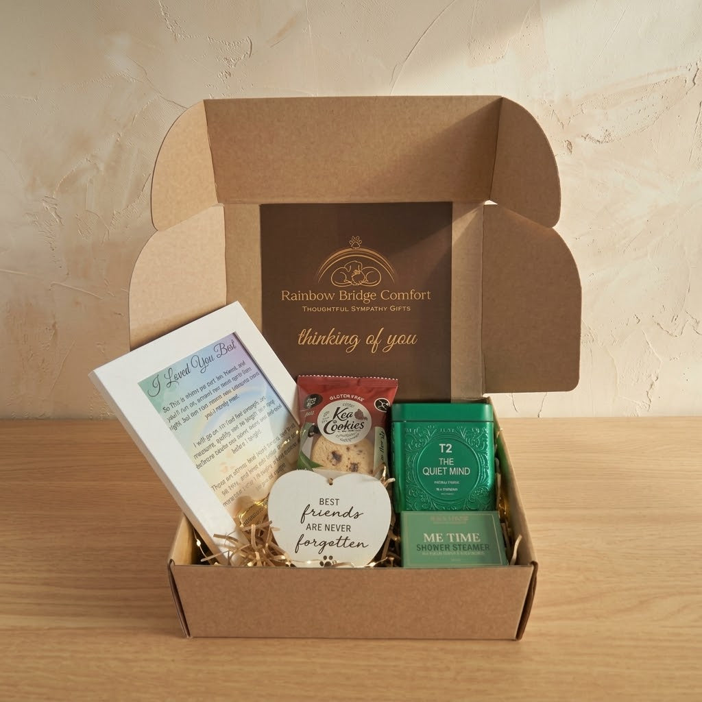 A pet loss sympathy gift box from Rainbow Bridge Comfort featuring herbal tea, cookies, Me time shower steamer, framed tribute poem, and memorial ornament.