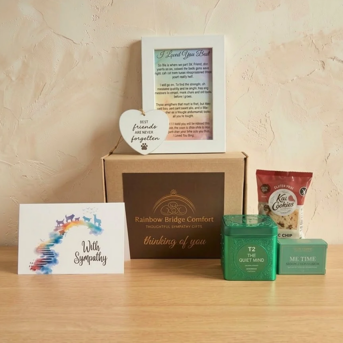Mini comfort pet bereavement gift box from Rainbow Bridge Comfort featuring herbal tea, cookies, Me time shower steamer, framed tribute poem, and memorial ornament.