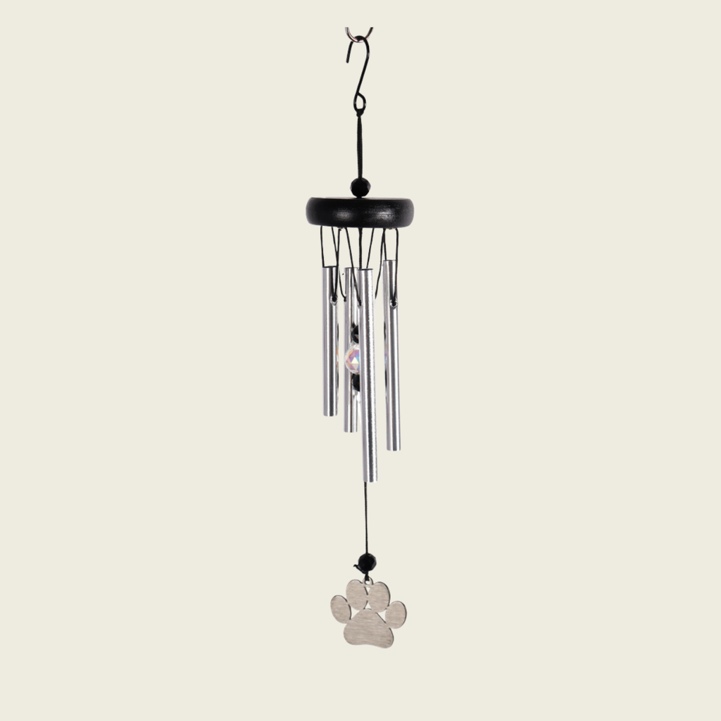 Rainbow Bridge Comfort small silver and black wind chime with paw print , 28 cm length. 