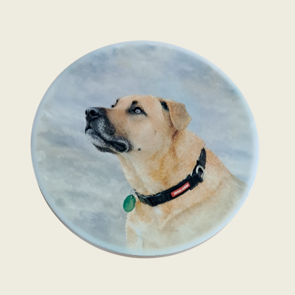 Personalised ceramic coaster with dog side profile – custom pet memorial keepsake NZ