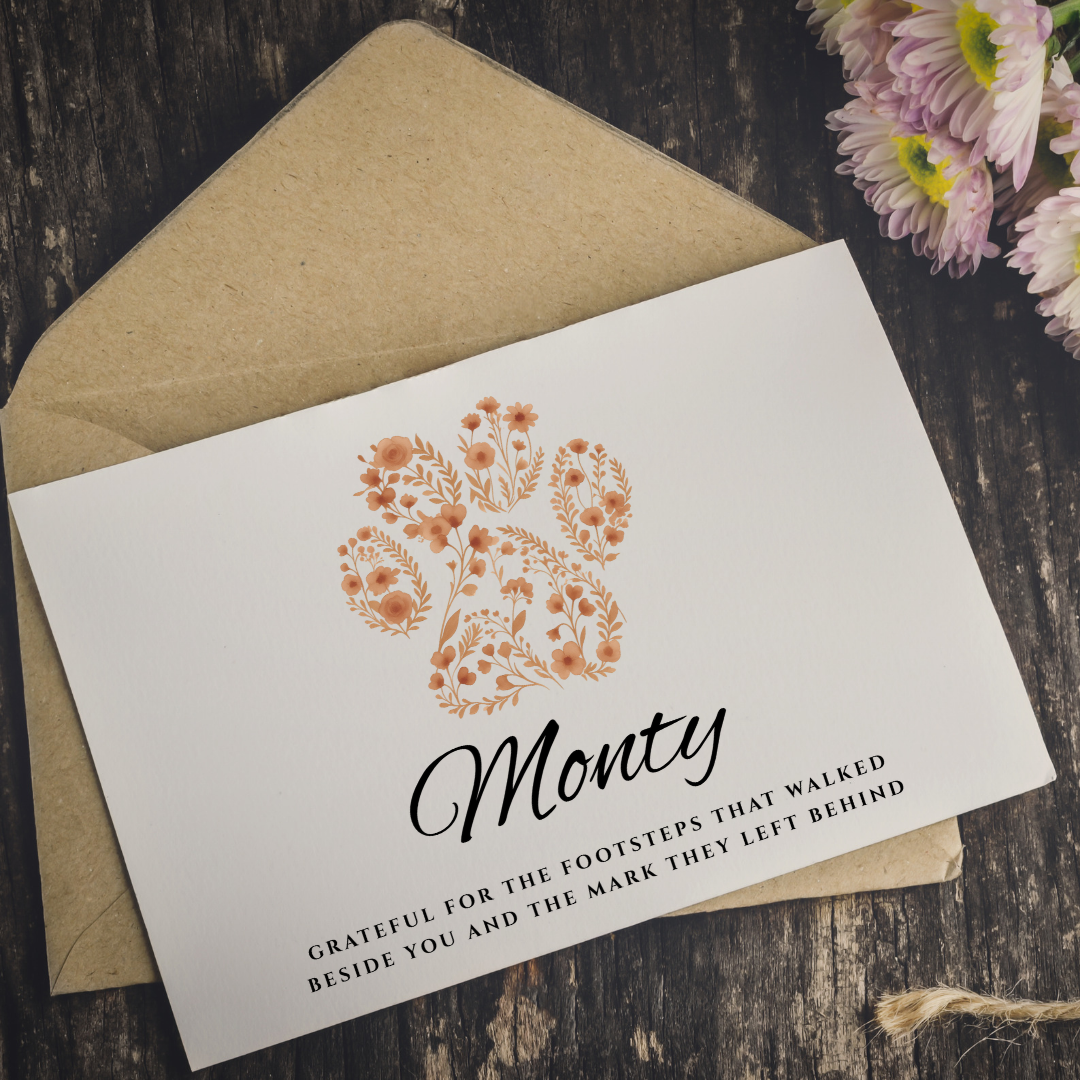 Personalised pet sympathy card  with envelope with floral paw print and custom pet name.