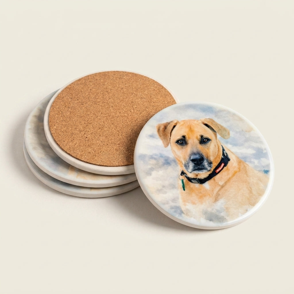Personalised pet memorial ceramic coaster with custom dog illustration, sympathy gift keepsake.