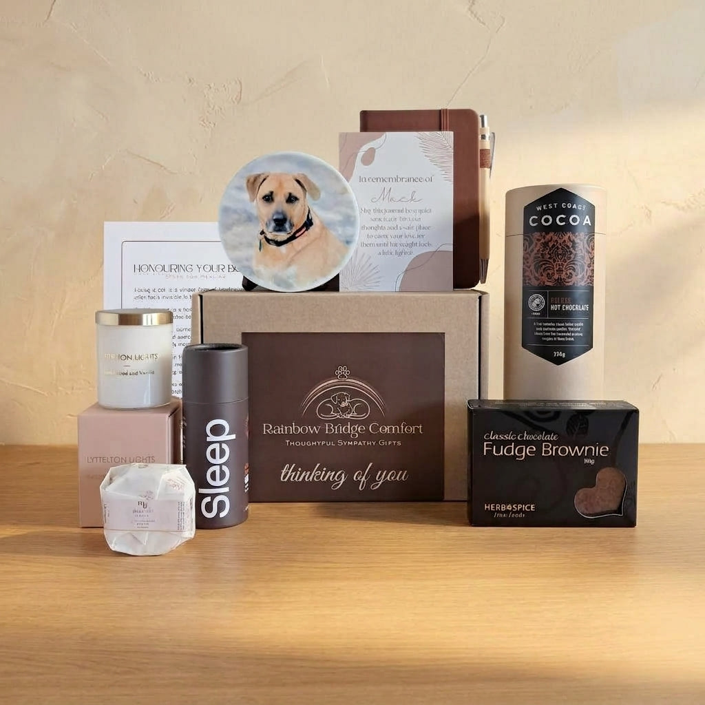 Rainbow Bridge Comfort pet sympathy gift box with personalised coaster, remembrance journal, hot chocolate, fudge brownie, candle, and comfort items.