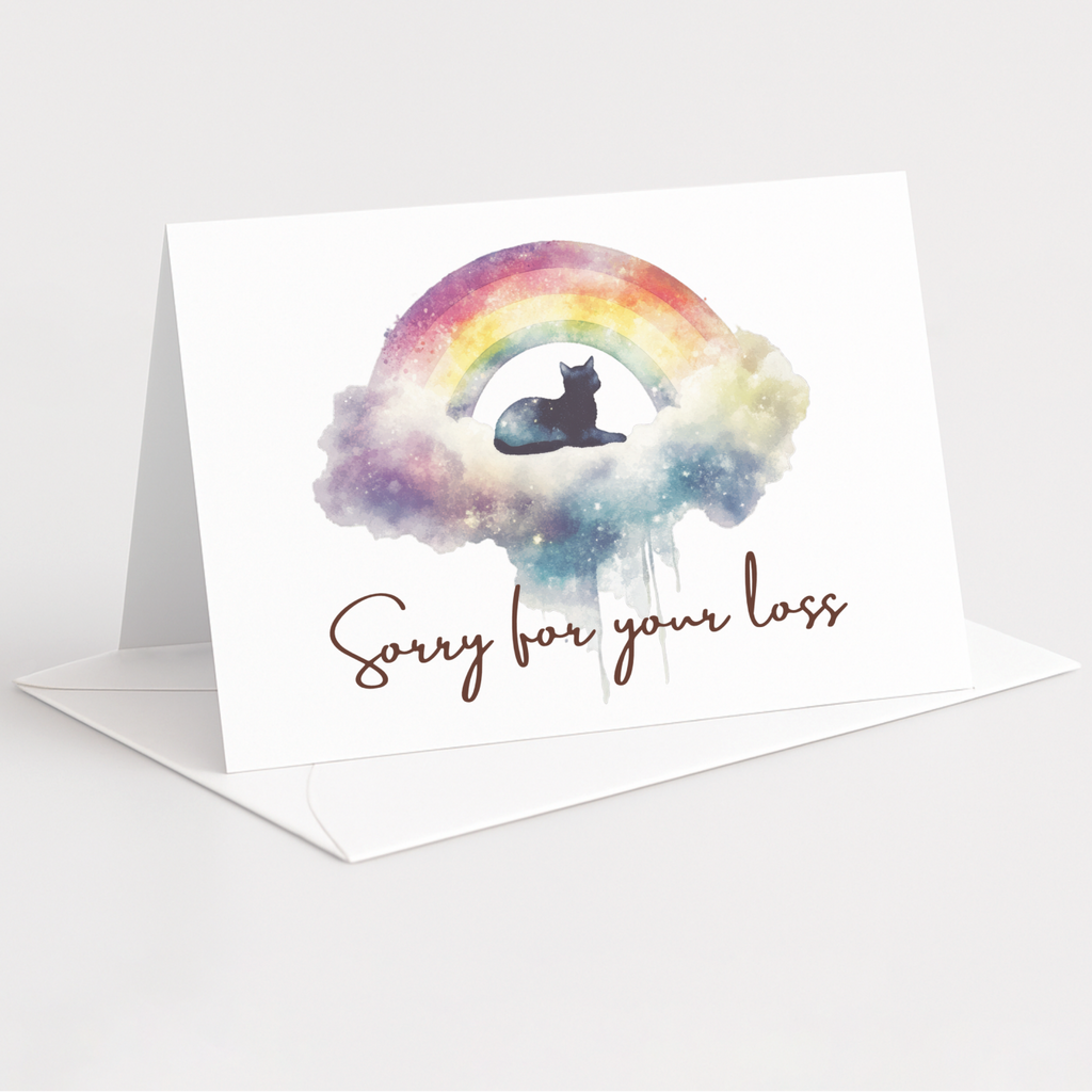 A white greeting card standing upright on a matching envelope against a light gray background. The card features a watercolor rainbow in pastel colors with a black cat silhouette sitting in the center, above the cursive text 'Sorry for your loss'.