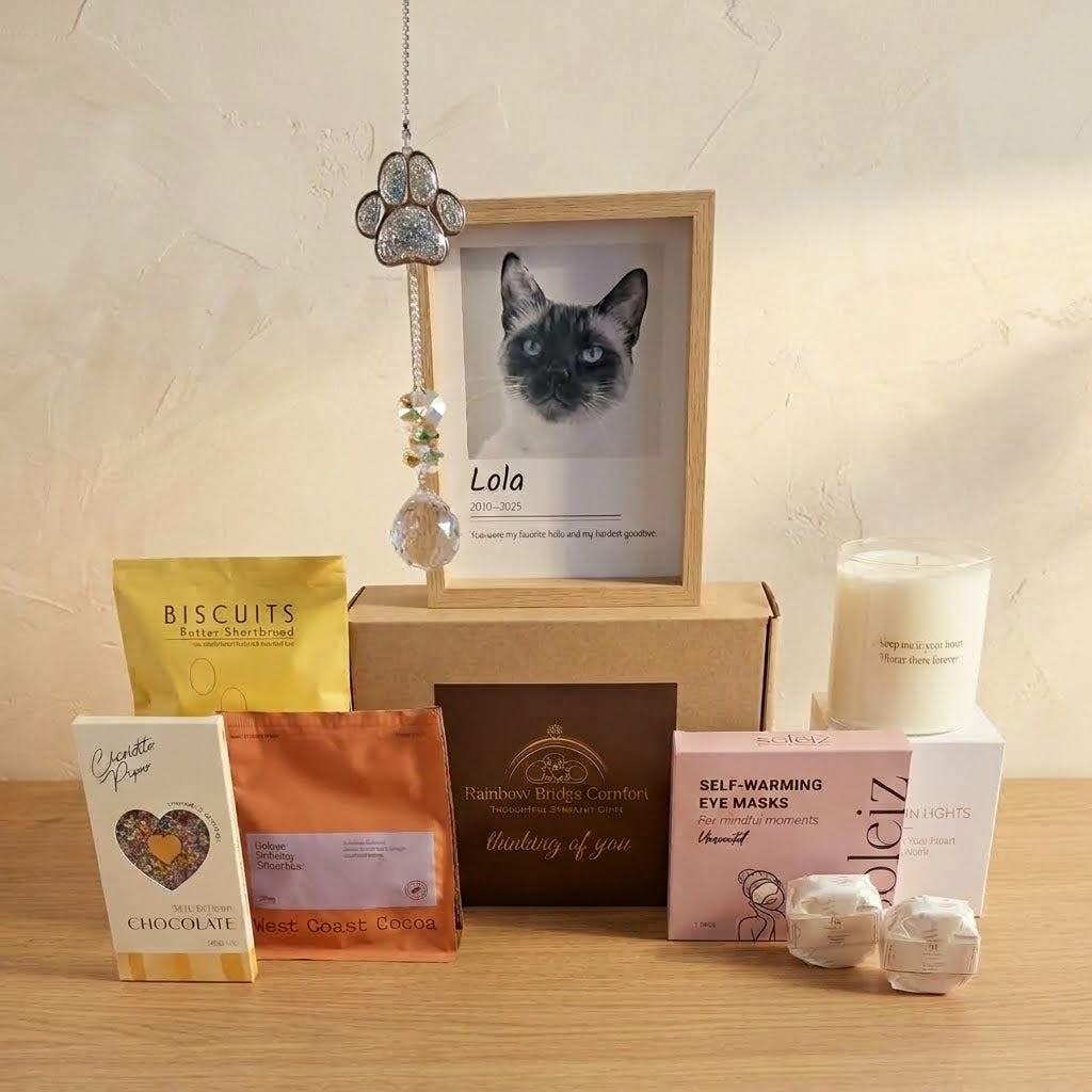 A curated gift basket set featuring a custom cat portrait in a wooden frame, a silver key charm, a white candle, self-warming eye masks, chocolate and coffee pouches, and shower steamers, arranged on a light beige background.