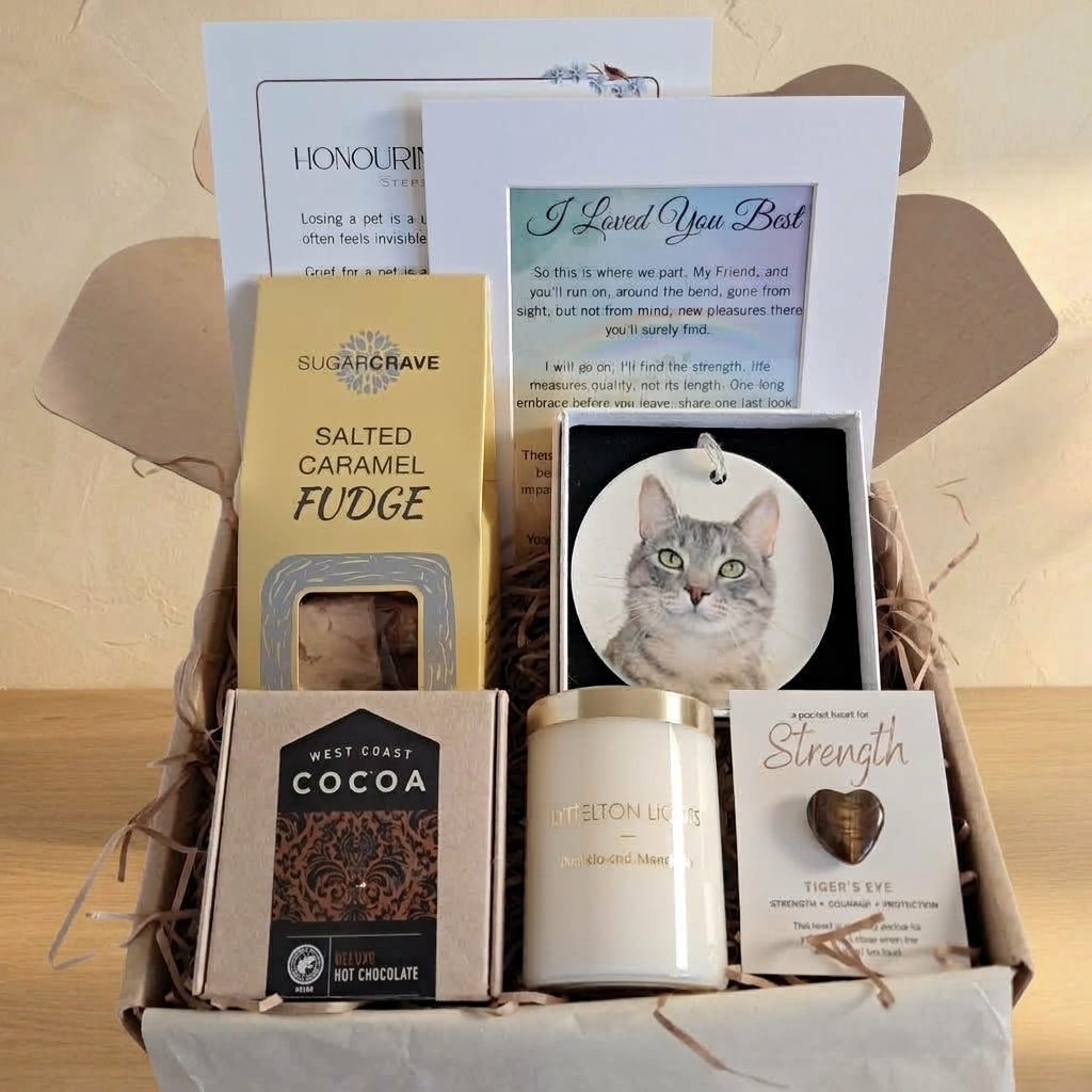 Pet memorial gift basket with fudge, cocoa, candle, and cards from Rainbow Bridge Comfort.