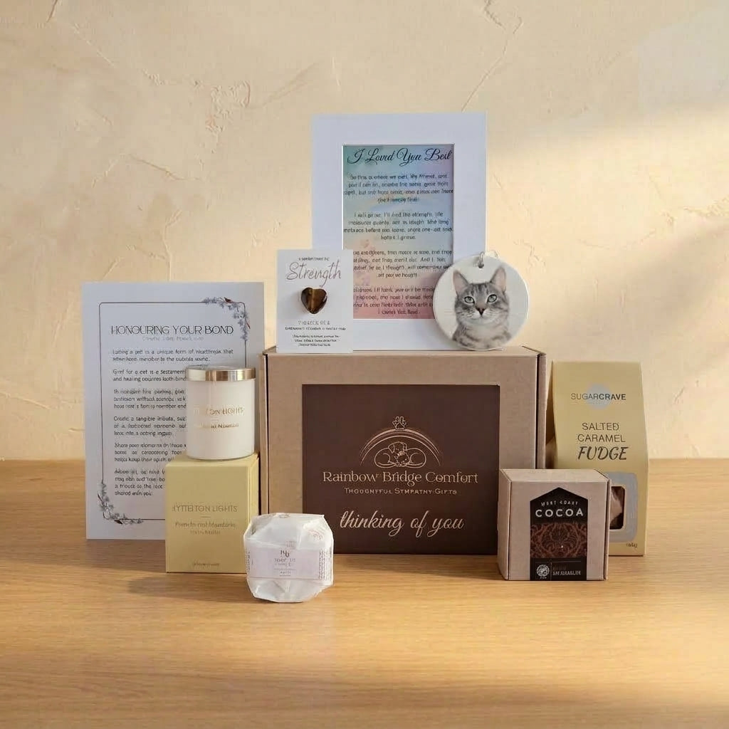 The Remembrance Mini pet memorial gift box includes personalised ceramic ornament, candle, premium sweet treats, tiger's eye heart.
