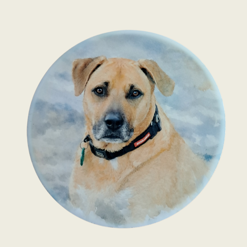 Round ceramic pet memorial coaster with custom dog portrait – personalised dog gift NZ