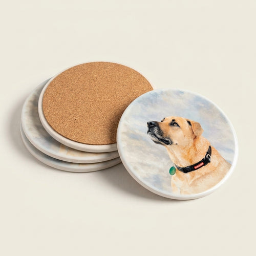 Round ceramic pet memorial coaster with custom dog portrait personalised dog gift NZ