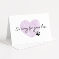 Card with a purple heart and text 'So sorry for your loss' on a white background
