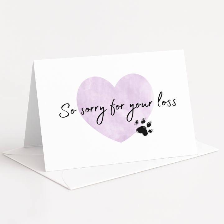 Card with a purple heart and text 'So sorry for your loss' on a white background