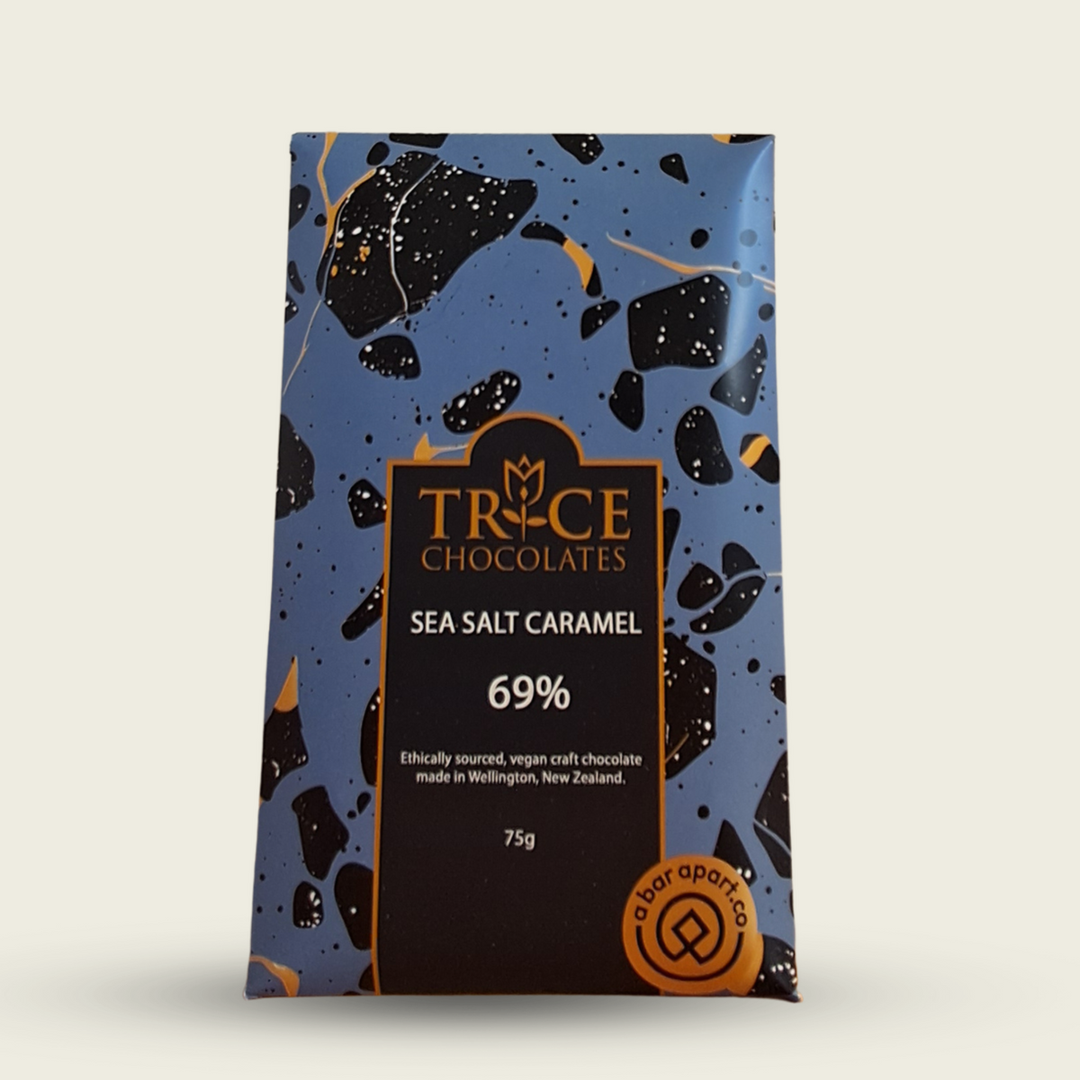 Trice Chocolates 69% sea salt caramel vegan dark chocolate bar, 75g, on a light background