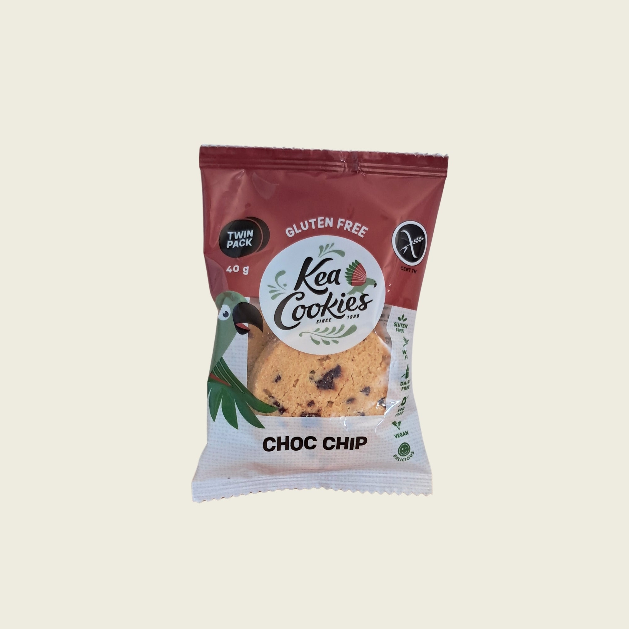 A twin package of New Zealand made Kea Cookies Choc Chip gluten-free vegan, set against a solid light beige background.