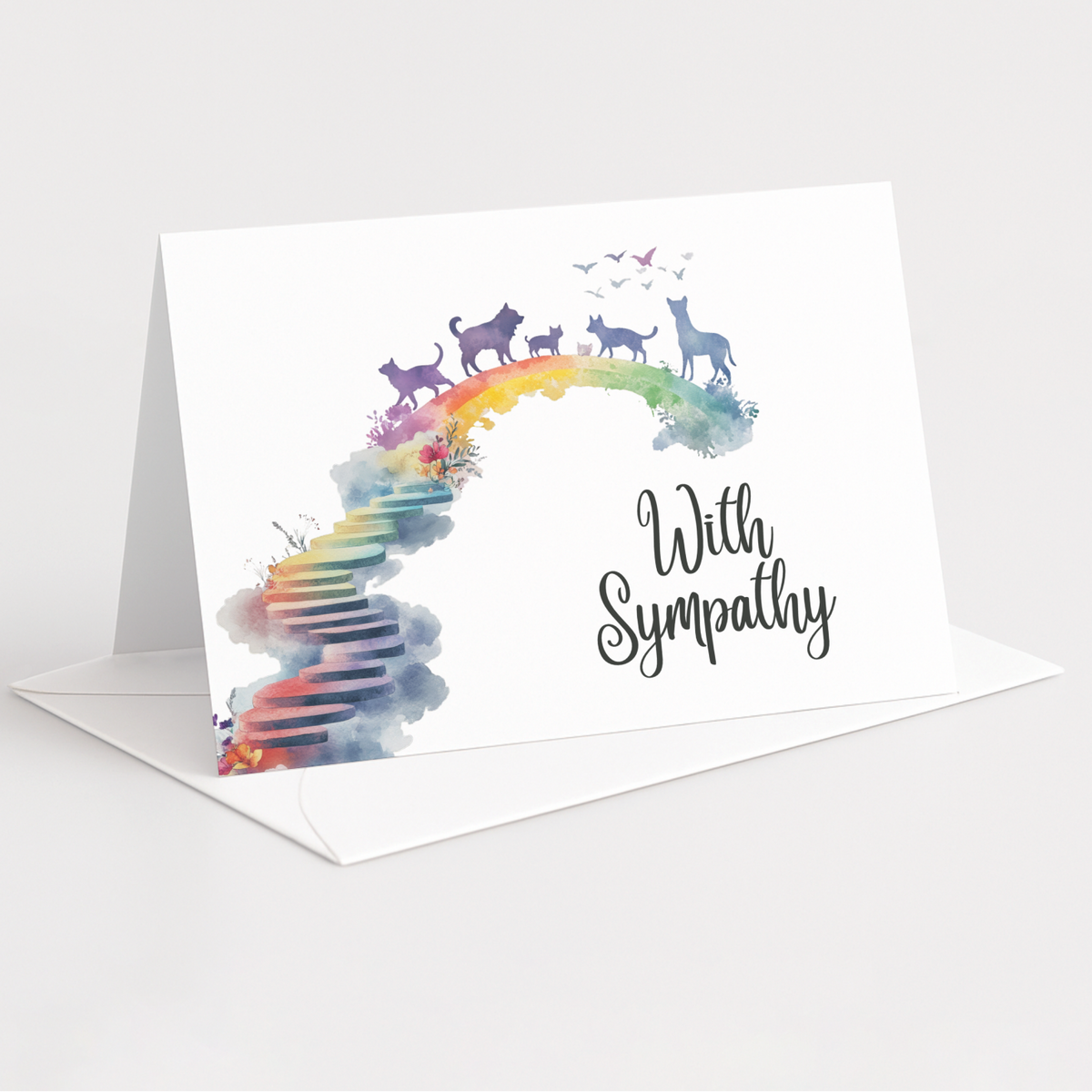 A white greeting card standing upright on a white envelope against a light gray background. The card features a colorful watercolor rainbow with silhouettes of cats and birds along the top and the words 'With Sympathy' in black script on the right.
