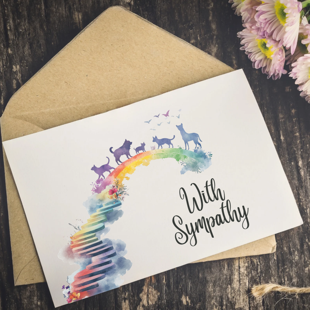 A sympathy greeting card with a watercolor rainbow, silhouettes of dogs and cats, and the words 'With Sympathy' in black script, shown on top of a kraft paper envelope on a dark wood surface with pink flowers in the corner.