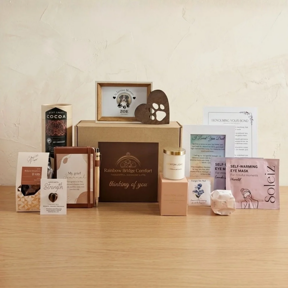 Complete Comfort pet sympathy gift box by Rainbow Bridge Comfort, featuring a curated collection of grief support items. Includes personalised dog memorial photo frame, metal heart paw ornament, journal with pen, luxury candle, self-warming eye masks, West Coast Cocoa, gourmet chocolate bark, Forget-Me-Not seeds, and a tiger's eye pocket stone.