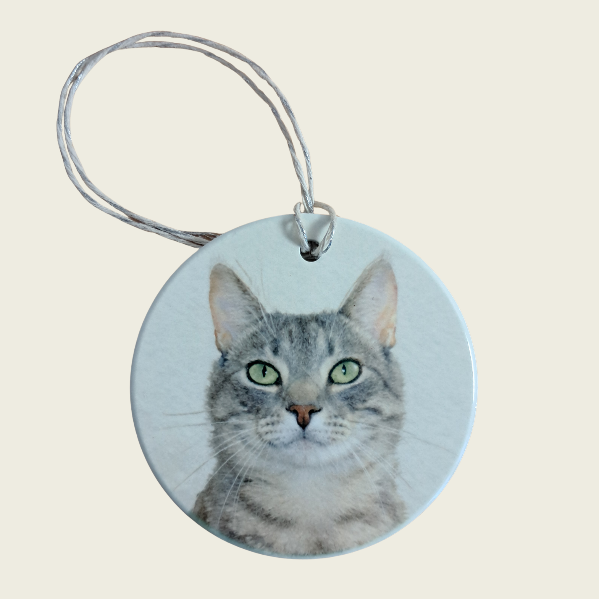 Round ceramic pet memorial ornament with custom cat portrait -  personalised pet keepsake NZ