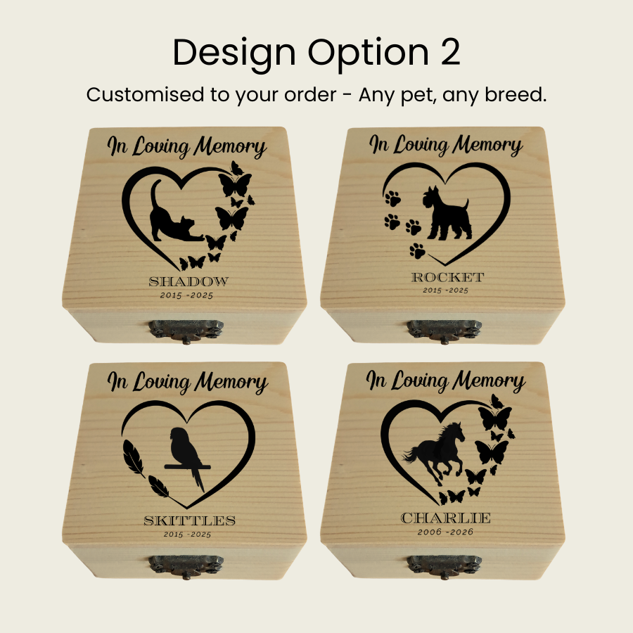 Pet memorial wooden box with custom design from Rainbow Bridge Comfort. option 2