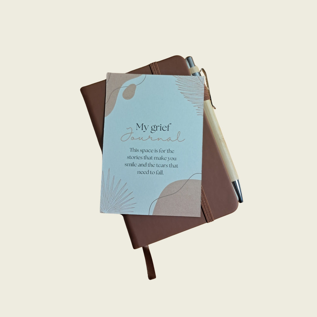 Brown A6 grief journal with pen