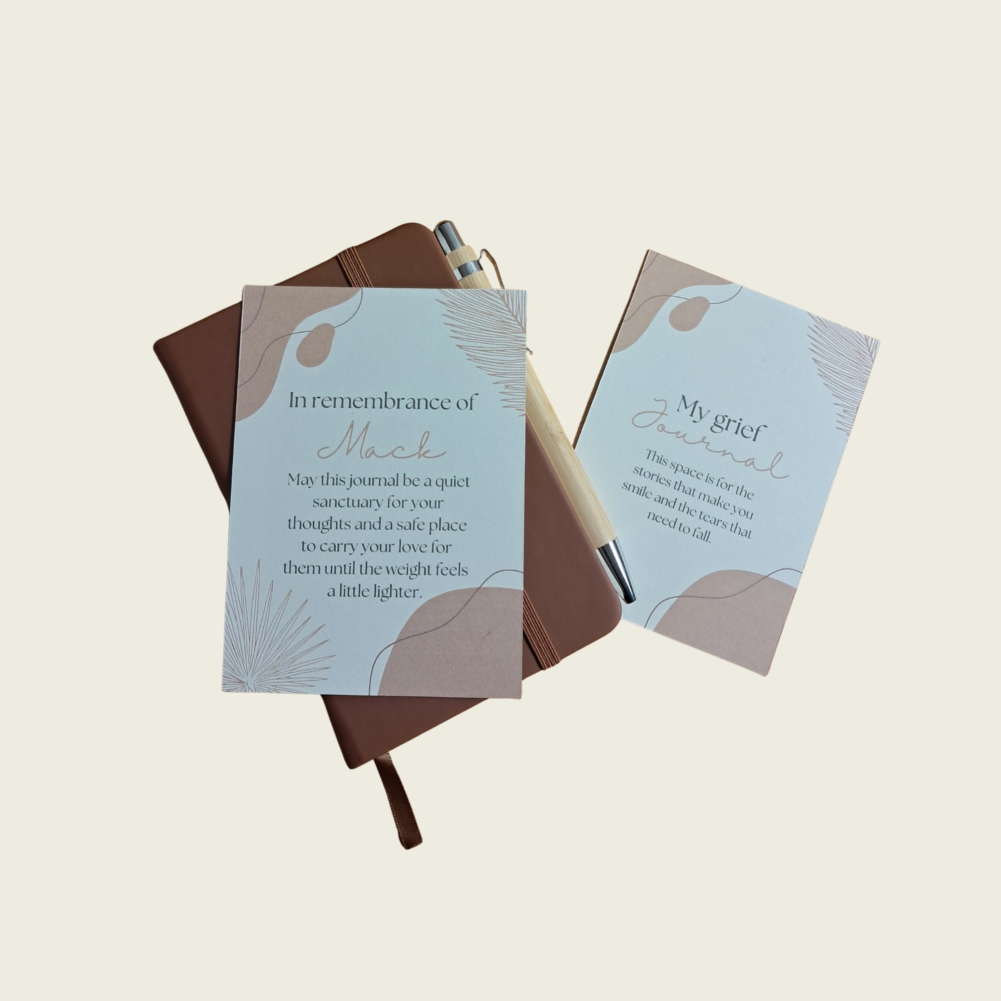 A6 Brown faux leather journal with pen. Includes standard or personalised journal dedication card.