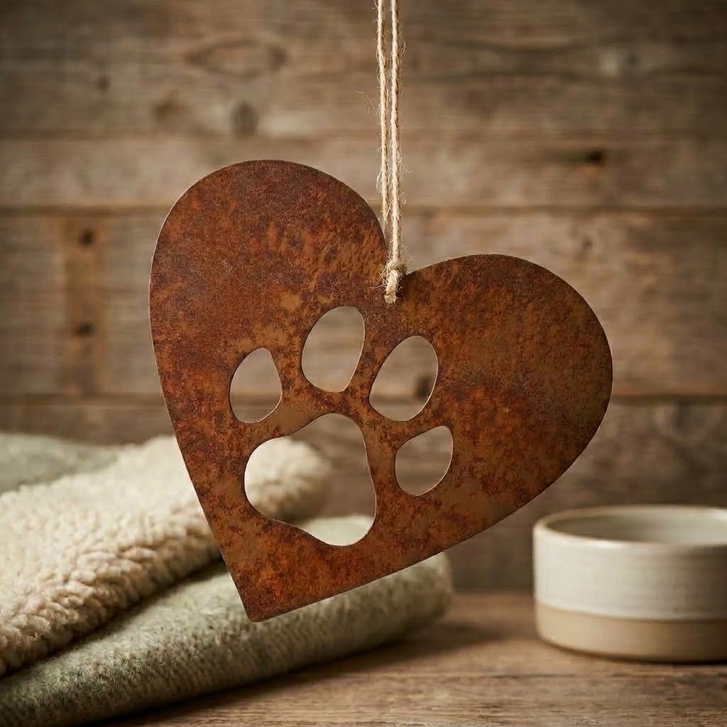 Heart-shaped metal ornament with a white paw print cutout.