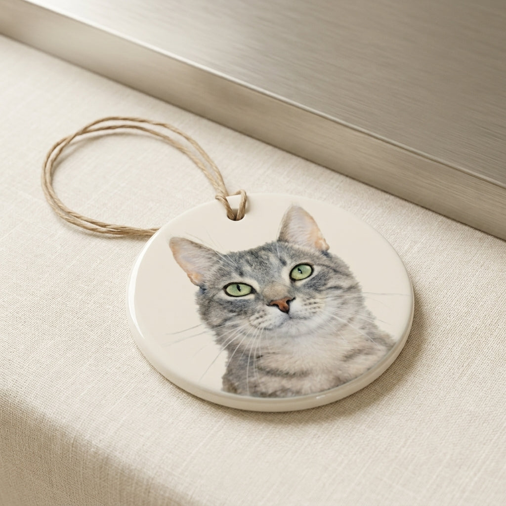 Round ceramic pet memorial ornament with custom cat portrait, personalised pet keepsake NZ