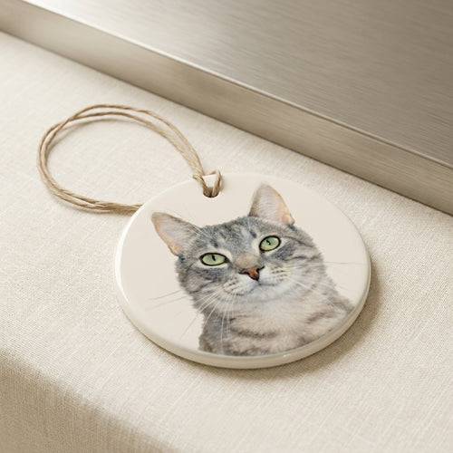 Round ceramic pet memorial ornament with custom cat portrait, personalised pet keepsake NZ