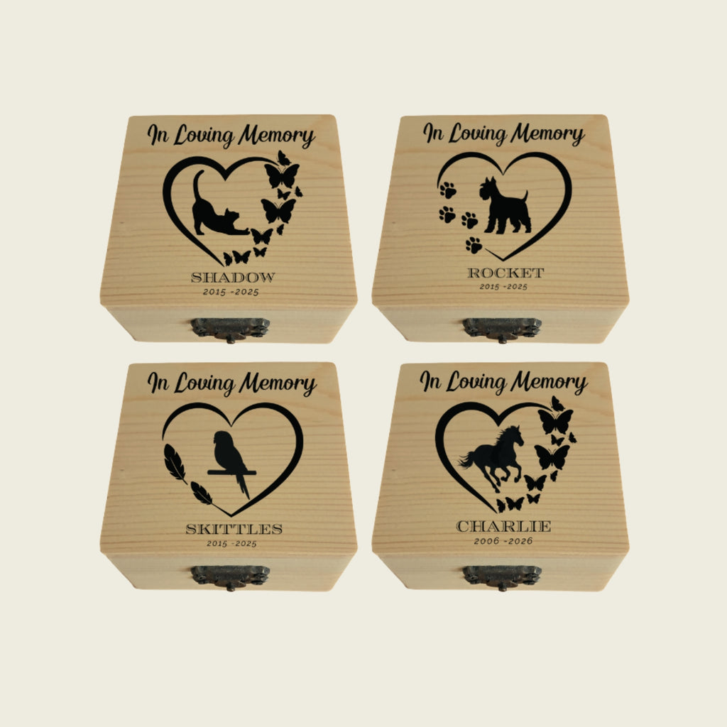 Personalised pet memorial keepsake box with soft-lined interior, 8x8cm wooden memory box for pet collar tags and fur clippings.