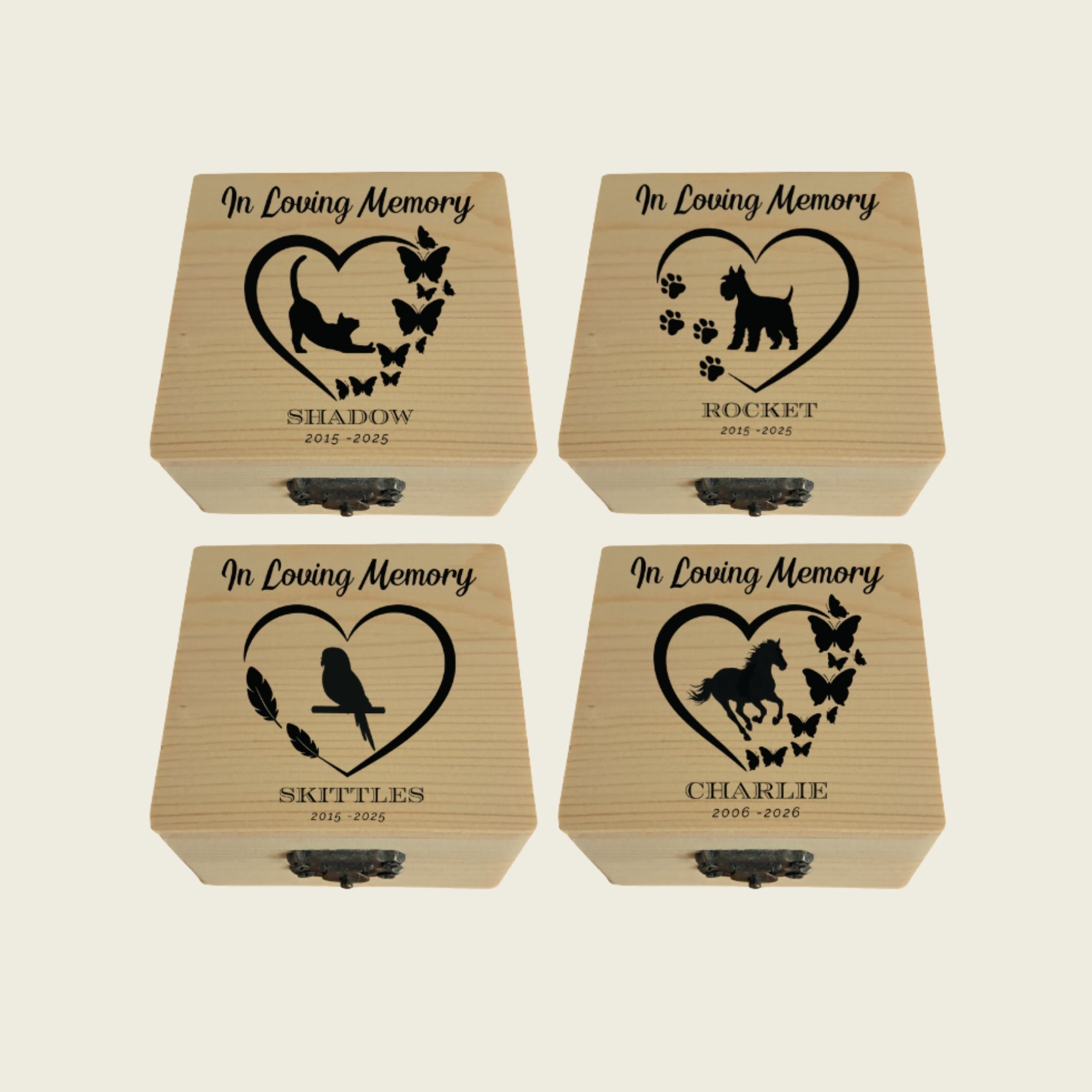 Personalised pet memorial keepsake box with soft-lined interior, 8x8cm wooden memory box for pet collar tags and fur clippings.