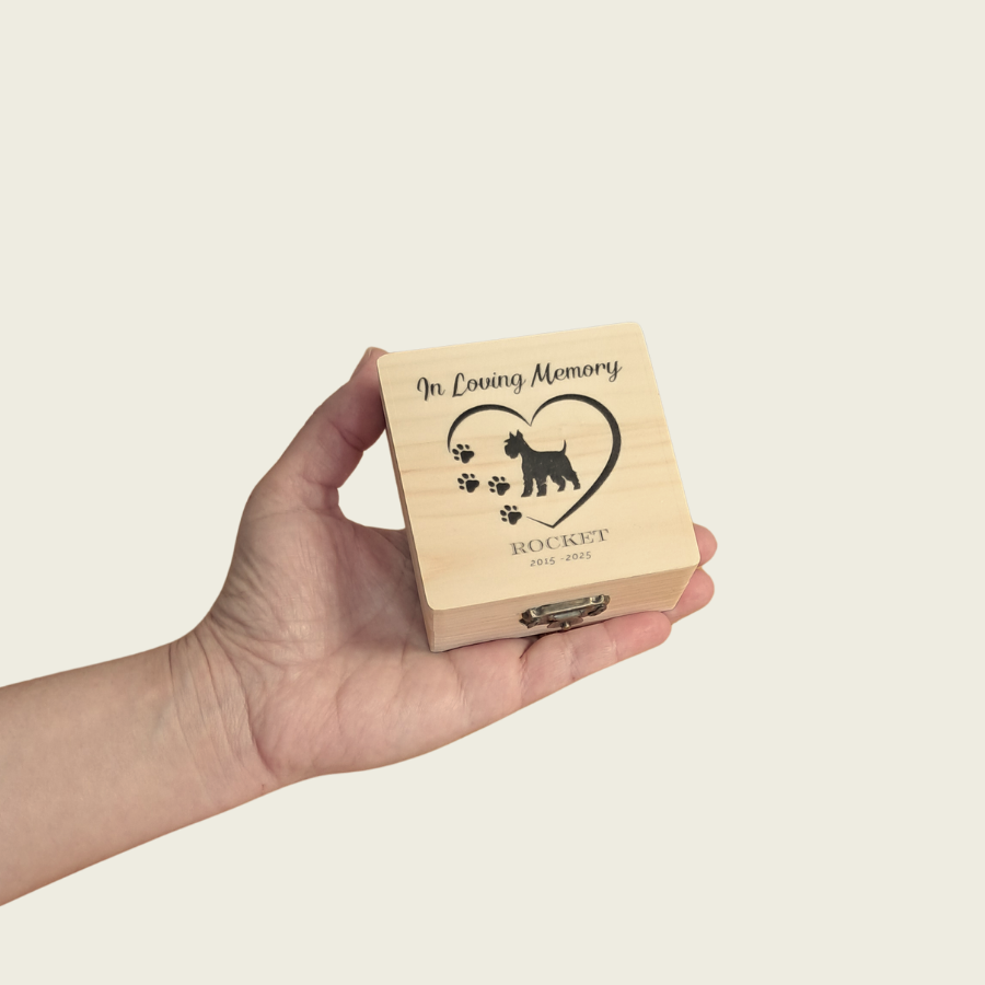 Custom wooden box with 'In Loving Memory' text and dog illustration from Rainbow Bridge Comfort