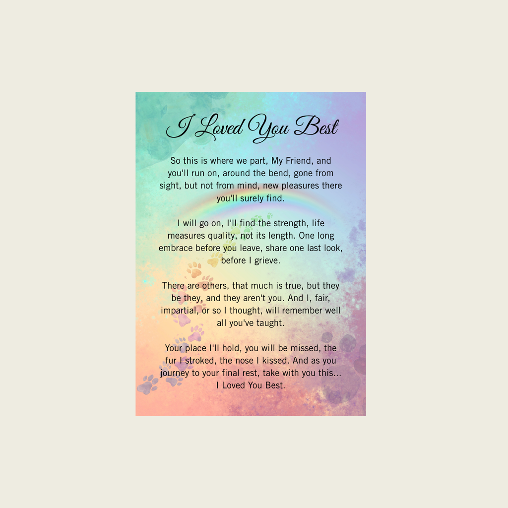 Printed pet loss tribute poem from Rainbow Bridge Comfort.