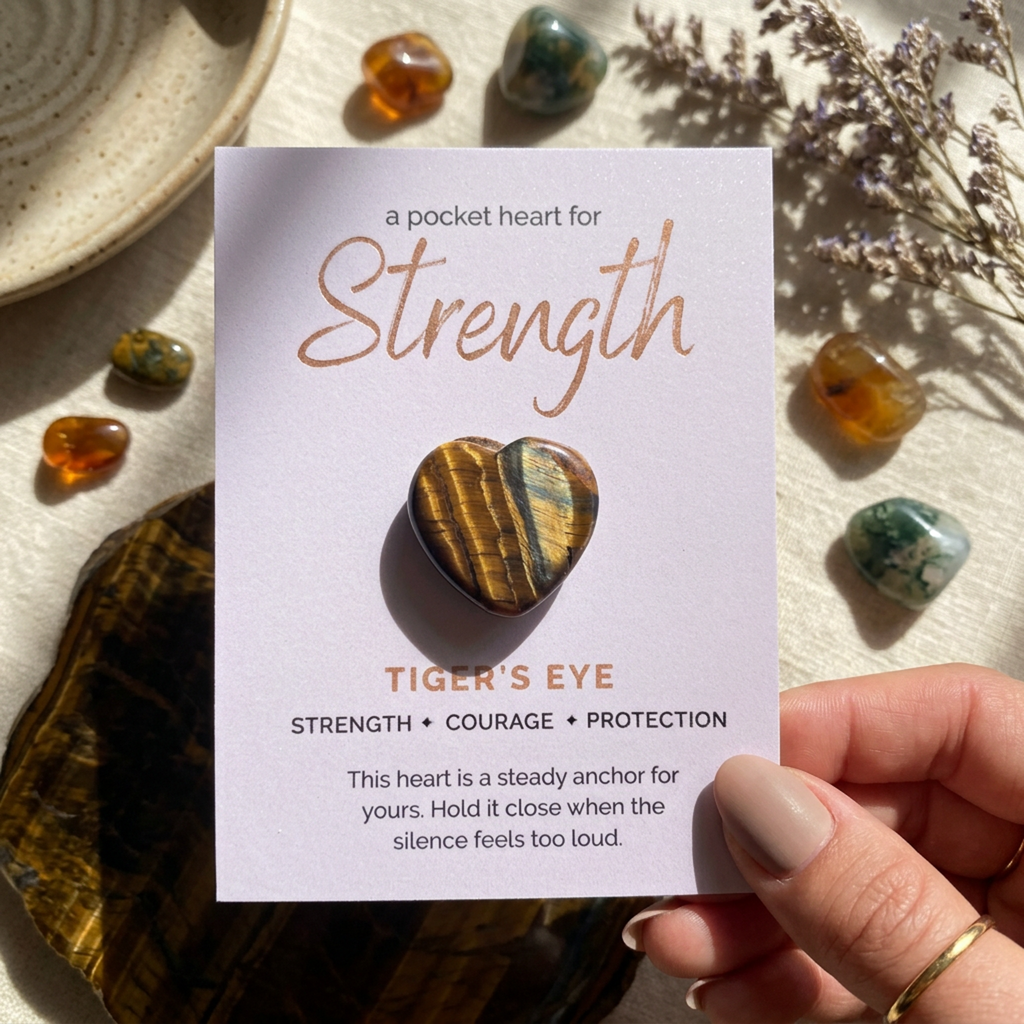 A heart-shaped tiger's eye stone pocket charm on a white display card, held by a hand. The card features the text 'a pocket heart for Strength' and 'TIGER'S EYE'.