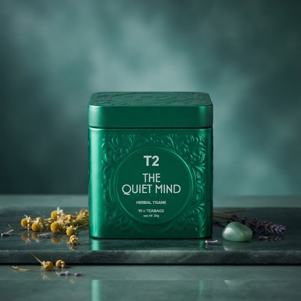 a tin of T2 The Quiet Mind herbal tea for relaxation